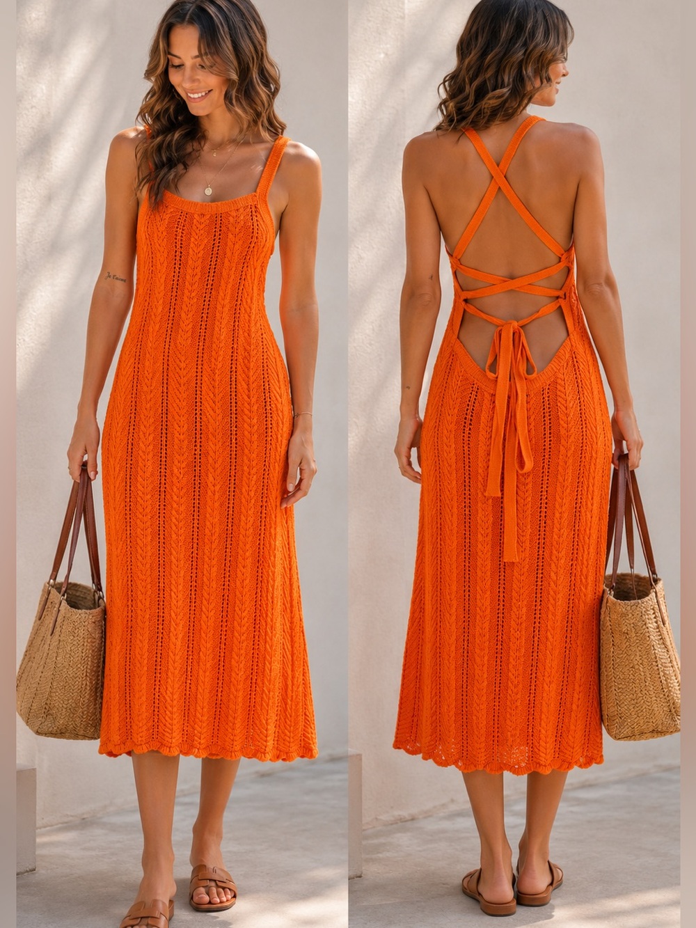 Orange Crochet Knit Sundress Open Tie Back Resort Vacation Midi Dress Sz Small